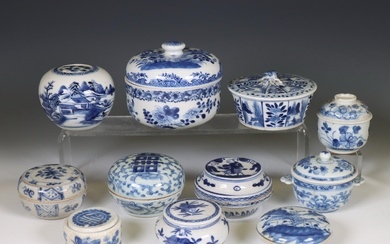 China, a collection of blue and white porcelain boxes and covers, 19th-20th century