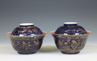 China, pair of famille rose and powder-blue gilt-decorated porcelain bowls and covers, late 18th / 19th century