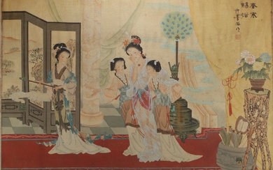 Chine - Peinture à l'encre et couleur sur soie représentant des élégantes. Poids: 5.90 kg...