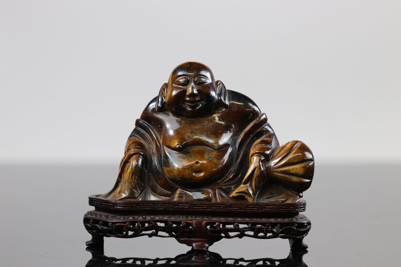 Chine, Statuette en pierre œil de tigre, Buddha, 19ème