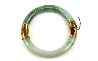 Chinese 14K Yellow Gold & Jade Bangle Bracelet