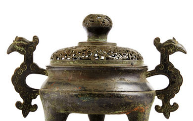 Chinese 17th c. Bronze Tripod Censer w/ Cover