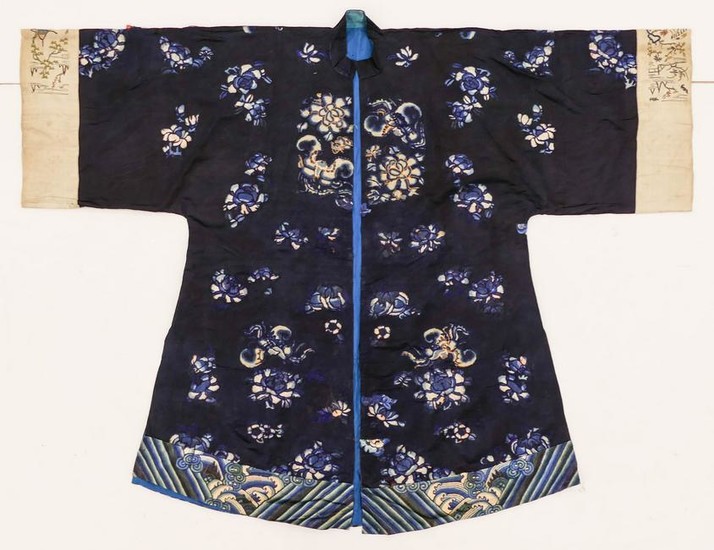 Chinese 19th Cent. Cobalt Forbidden Stitch Silk Robe