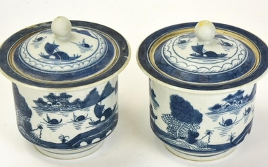 Chinese Canton Blue & White Porcelain Round Jars