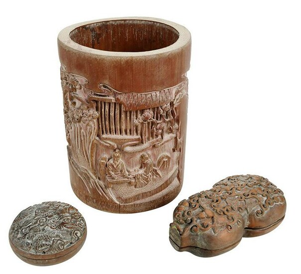 Chinese Carved Brush Pot and Two Lidded Boxes
