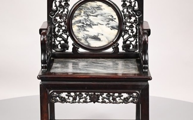 Chinese Carved Hardwood and Marble Armchair