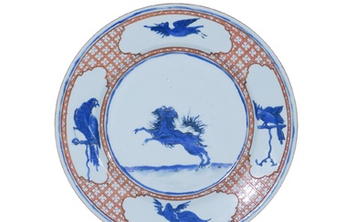 Chinese Export Blue and White Pronk-Style 'Pekingese and Parrot' Dish, Qianlong Period (1736-1795)