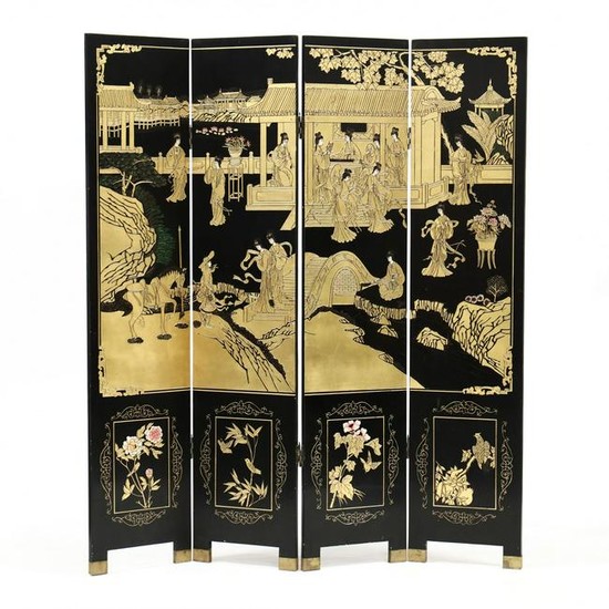 Chinese Four Panel Carved and Lacquered Floor Screen