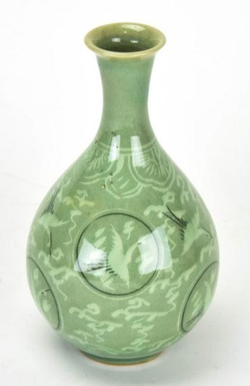 Chinese Green Glaze Crane Motif Signed Vase