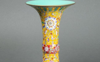 Chinese famille rose yellow-ground trumpet vase
