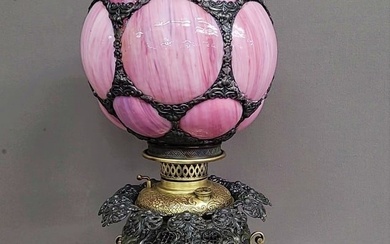 Circa 1890's Ornate Brass & spelter Oil Lamp w/Pink Slag Glass ball shade. Signed Meriden Lamp Co.
