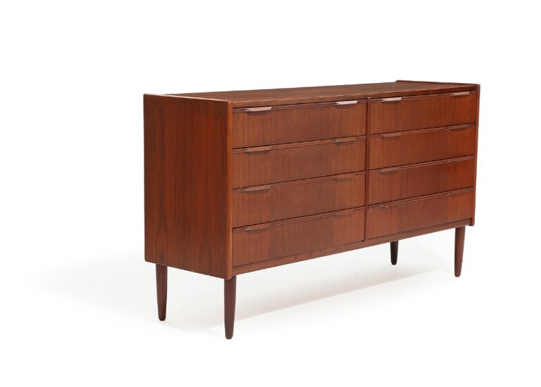 NOT SOLD. Danish furniture design: A teak double chest of drawers, front with eight drawers....