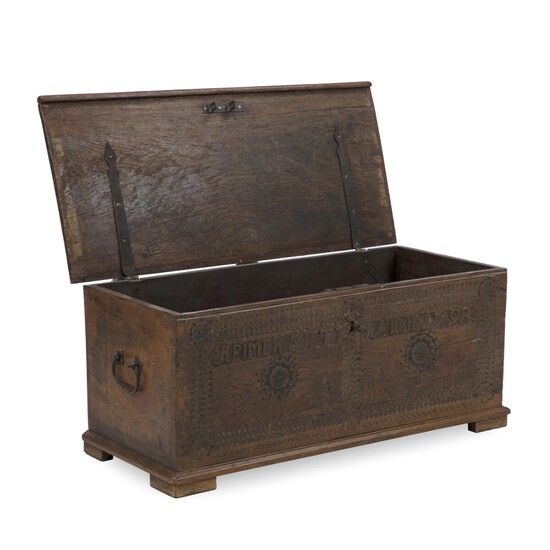 NOT SOLD. A Danish rural Baroque oakwood chest. Front carved with owner's name (Reimer Sift)...