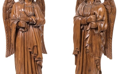 Coppia di sculture in legno, fine del XVIII secolo raffiguranti angeli...