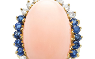 Coral, Diamond, Sapphire, Gold Ring Stones: Coral cabochon; full-cut...