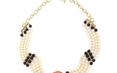 Coral, Pearl, Onyx and 18K Necklace