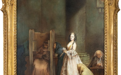 D'APRÈS PIETRO LONGHI (1701-1785) Le Confessionnal Huile sur toile, 62 x 50,5 cm