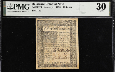 DE-74. Delaware. January 1, 1776. 18 Pence. PMG Very Fine 30.