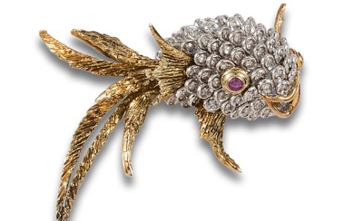 DIAMONDS AND RUBY FISH BROOCH, IN TWO-TONE GOLD