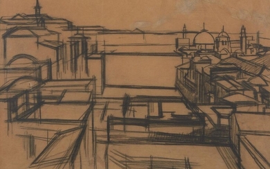 David Bomberg, British 1890-1957 - View of Jerusalem, 1925; Charcoal on buff paper, bears inscription on the frame, 24.5 x 33 cm (ARR) Note: with thanks to Agi Katz for kindly confirming the authenticity of this work