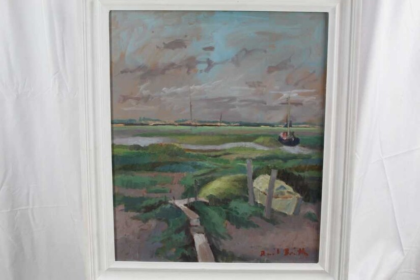 David Britton, contemporary, oil on board - Boats and Walkways at Tollesbury, signed, framed, 59cm x 49cm