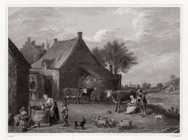 David Teniers the Younger A Farmyard engraving signed