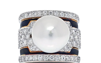 David Webb Platinum & 18K Yellow Gold Pearl Diamond Black Enamel Ring