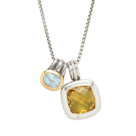 David Yurman: Sterling Silver and Lemon Quartz Pendant Necklace Together With a Sterling Silver, Gold and Blue Topaz Pendant