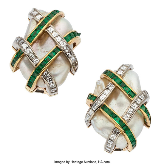 Diamond, Emerald, Cultured Pearl, Gold Earrings Stones: Carré-cut diamonds...