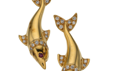 Diamond, Ruby, Gold Earrings The dolphin earrings feature full-cut...