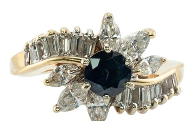 Diamond Sapphire Ring 14K Gold Flower Estate