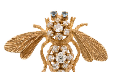 Diamond, Topaz, Gold Brooch The bee brooch features European-cut...