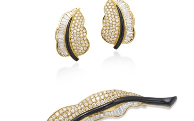 Diamond and Onyx Brooch and Pair of Earrings | 鑽石...