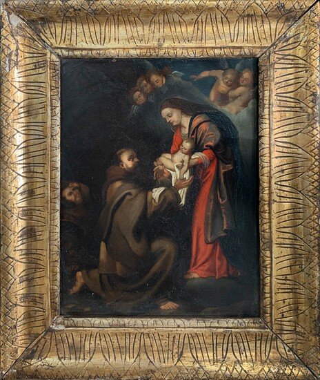 Dipinto ad olio su tela applicata a tavola, Madonna con bambino e San...