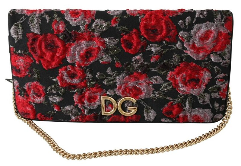 Dolce & Gabbana Black Roses Jacquard Clutch Shoulder