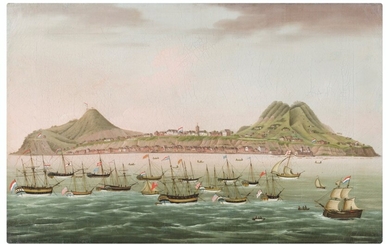 Dutch School, late 18th Century, Sint Eustatius in the Dutch Antilles, with West Indiamen massed in the road off Oranjestad