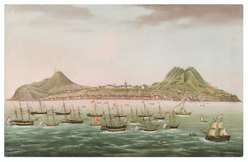 Dutch School, late 18th Century, Sint Eustatius in the Dutch Antilles, with West Indiamen massed in the road off Oranjestad
