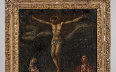 ECOLE FLAMANDE du XVIIème siècle. Crucifixion avec la Vierge et saint Jean. Huile sur cuivre....