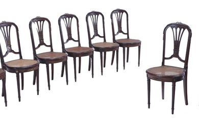 EIGHT FRENCH MAHOGANY LOUIS XVI STYLE BRONZE MOUNTED DINING CHAIRS...