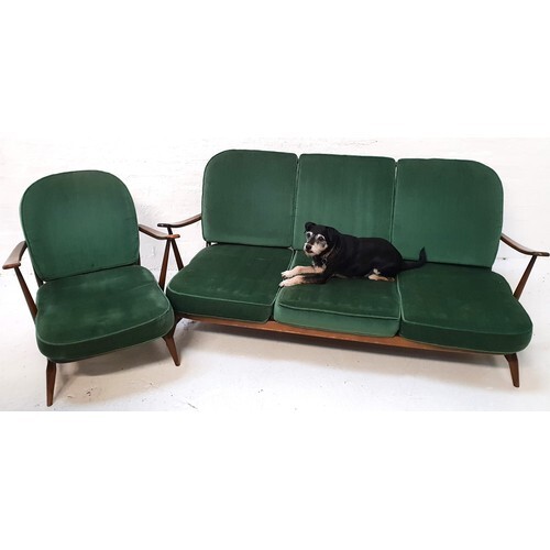 ERCOL THREE SEAT SOFA in stained beech with a stick back and...