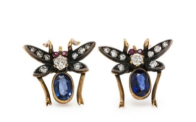 EVELYN CLOTHIER, SAPPHIRE AND DIAMOND INSECT EARRINGS