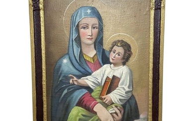 Early 20th Century Religious Madonna Christ Large Icon Portrait Oil Painting
