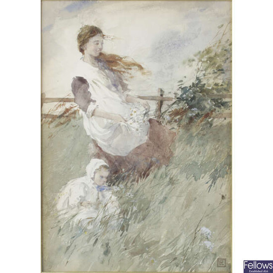Early 20th century watercolour of a woman and child gathering flowers