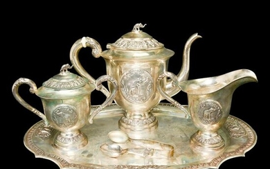 East Asian Sterling Silver Tea Set, Elephant Motif.