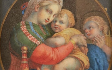 Ecole Italienne vers 1800 La vierge à la Chaise d'après Raphael Aquarelle gouachée. Tondo. Diam....