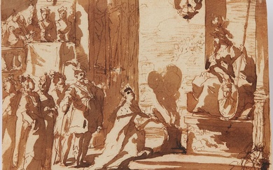École italienne du XVIIème siècle Scène allégorique Plume et encre brune, lavis brun sur esquisse...
