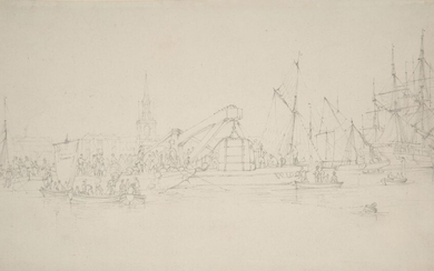 Edward William Cooke RA, British 1811-1880- Stone Barge (London Bridge); pencil on paper, annotated 'WID?' (on boat), 14.6 x 25.7 cm: together with two other pencil drawings by the same artist to include those entitled Greenwich, 12.7 x 17.5 cm...