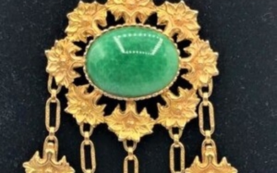 Edwardian Style Necklace Gold Tone Green Jade Stones