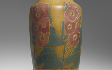 Elizabeth and Mary Frances Overbeck for Overbeck Pottery Important vase with conventionalized hollyhocks