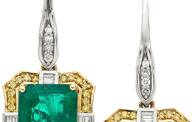 Emerald, Colored Diamond, Diamond, Gold Earrings Stones: Emerald-cut emeralds...